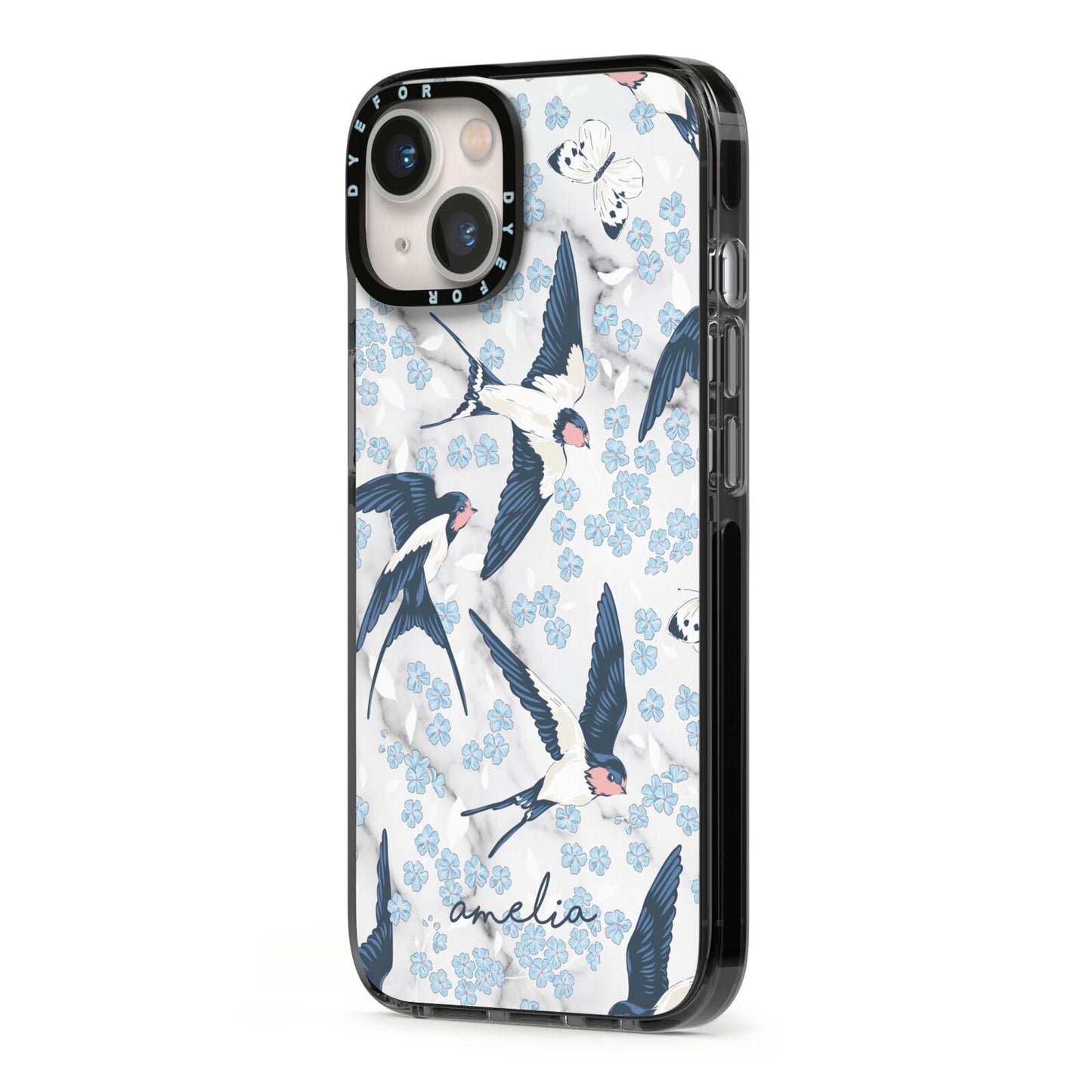 Spring Birds iPhone 13 Black Impact Case Side Angle on Silver phone