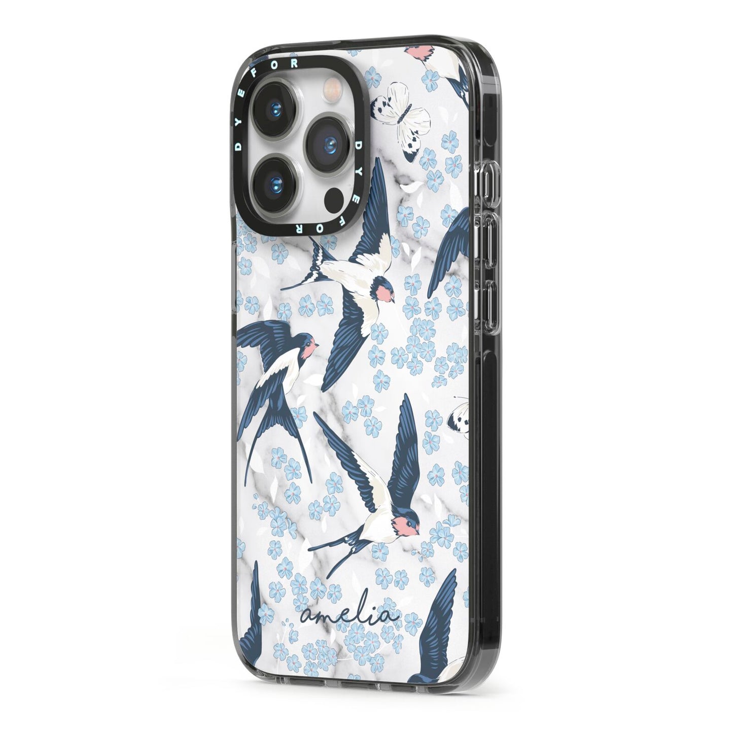 Spring Birds iPhone 13 Pro Black Impact Case Side Angle on Silver phone