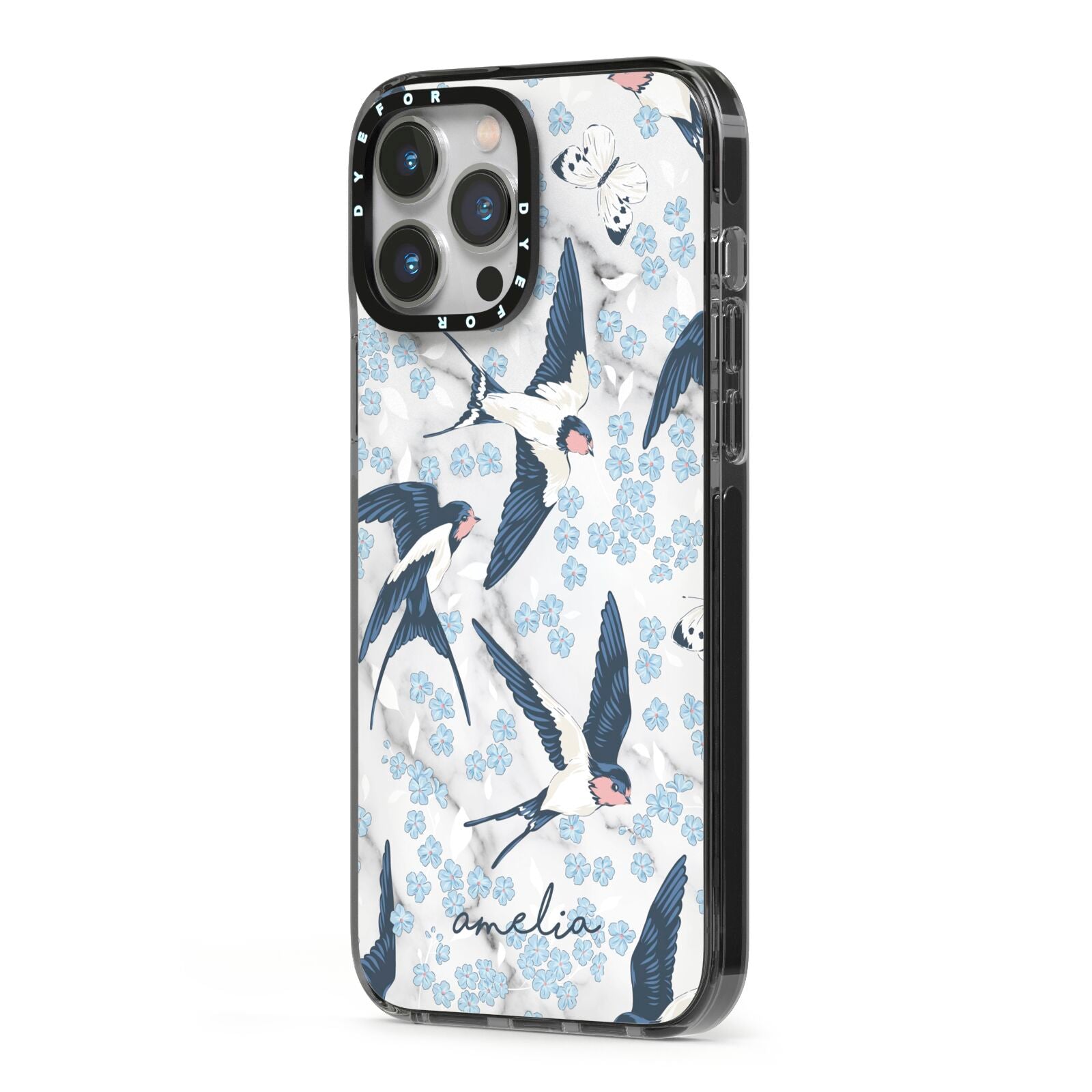 Spring Birds iPhone 13 Pro Max Black Impact Case Side Angle on Silver phone