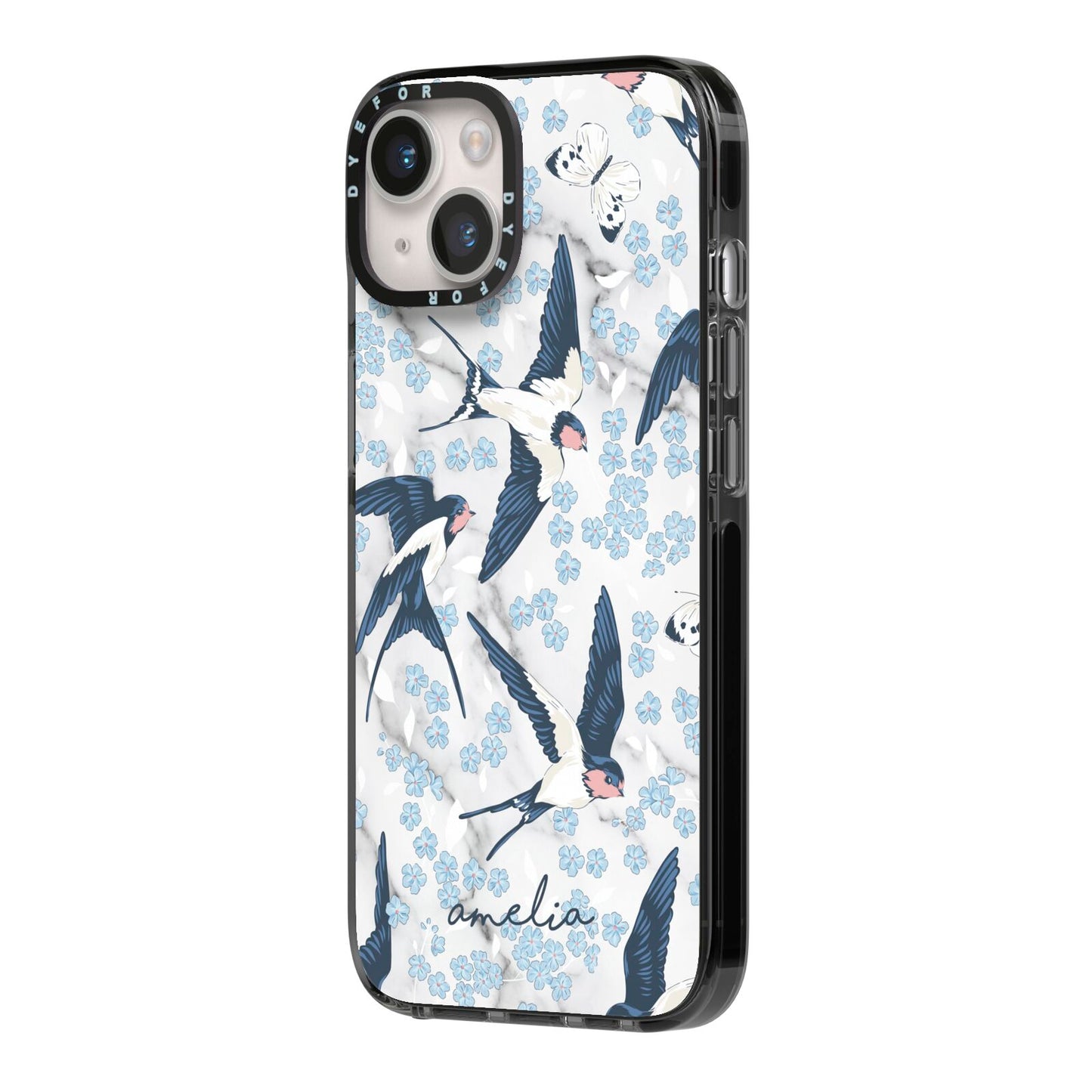 Spring Birds iPhone 14 Black Impact Case Side Angle on Silver phone