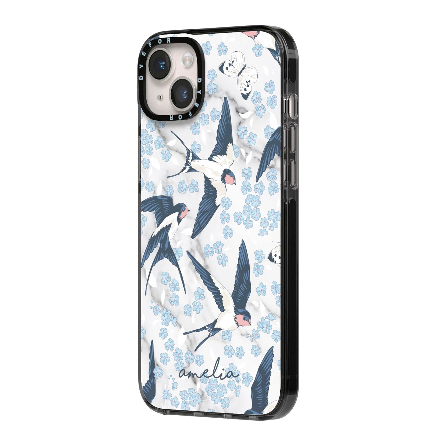 Spring Birds iPhone 14 Plus Black Impact Case Side Angle on Silver phone