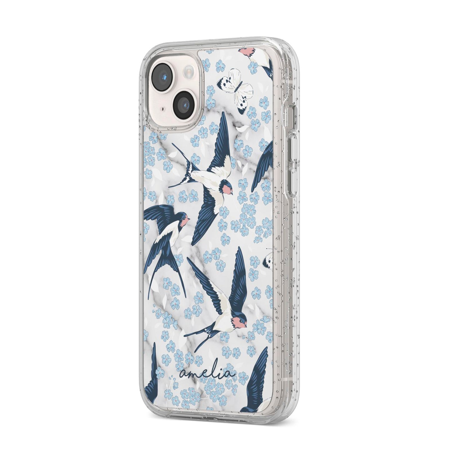 Spring Birds iPhone 14 Plus Glitter Tough Case Starlight Angled Image