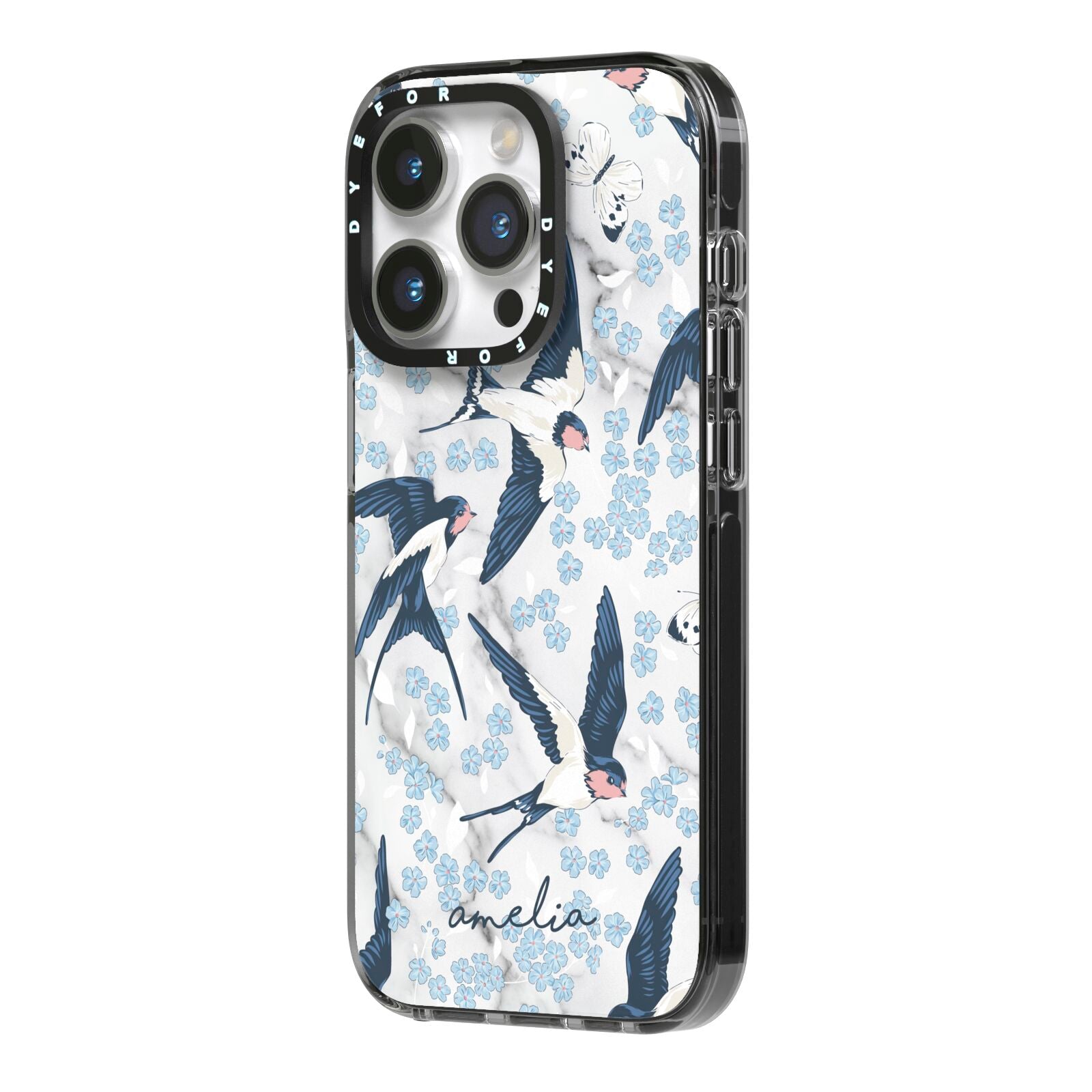 Spring Birds iPhone 14 Pro Black Impact Case Side Angle on Silver phone