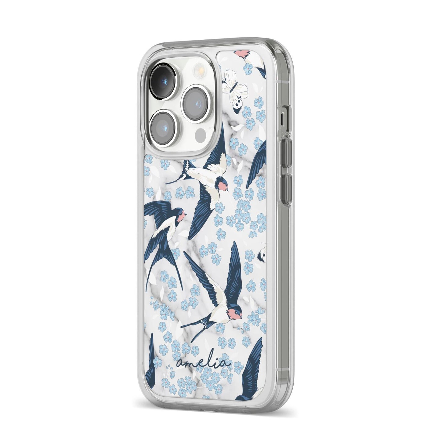 Spring Birds iPhone 14 Pro Clear Tough Case Silver Angled Image