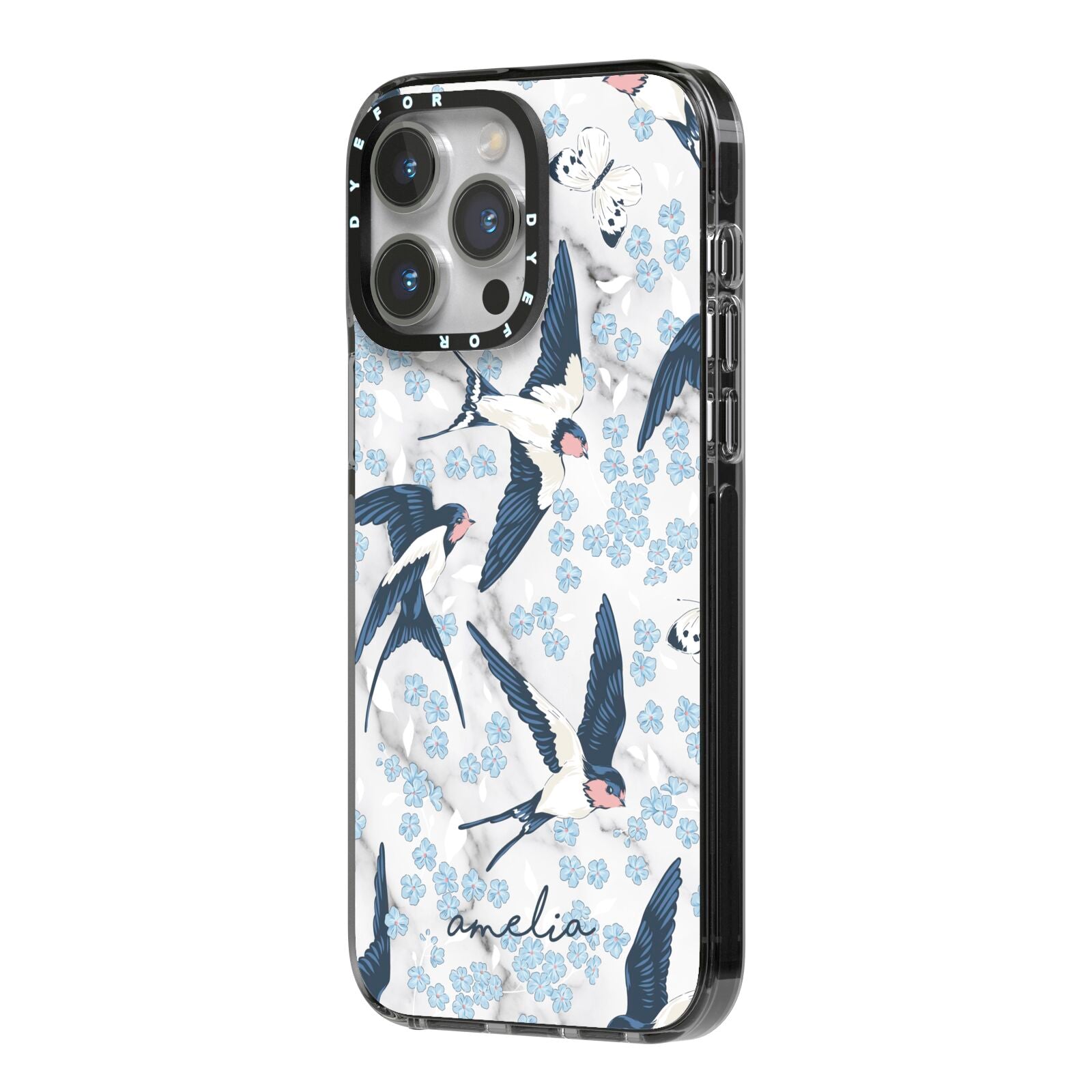 Spring Birds iPhone 14 Pro Max Black Impact Case Side Angle on Silver phone