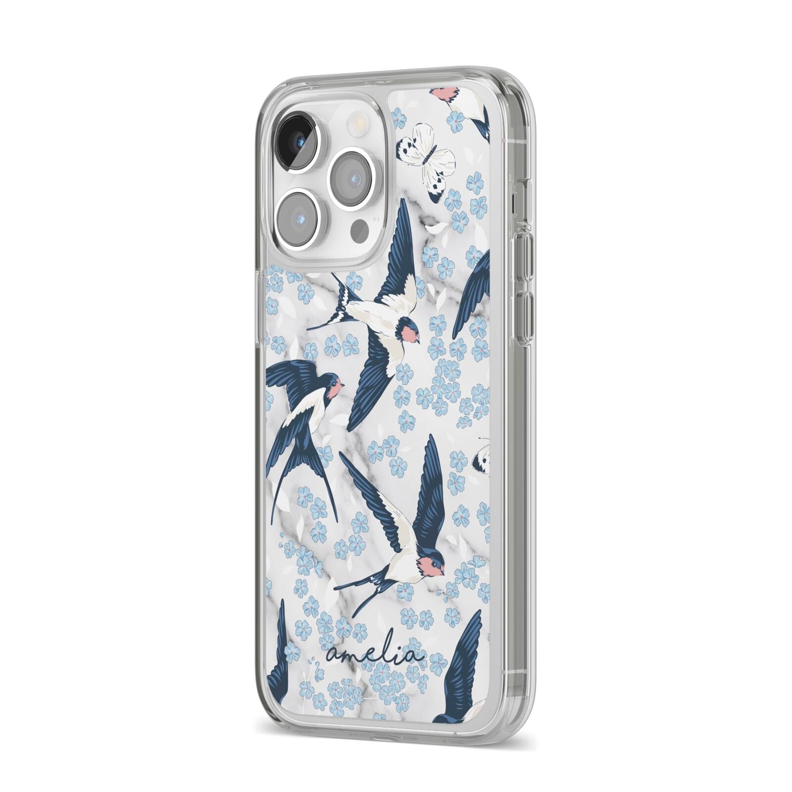 Spring Birds iPhone 14 Pro Max Clear Tough Case Silver Angled Image