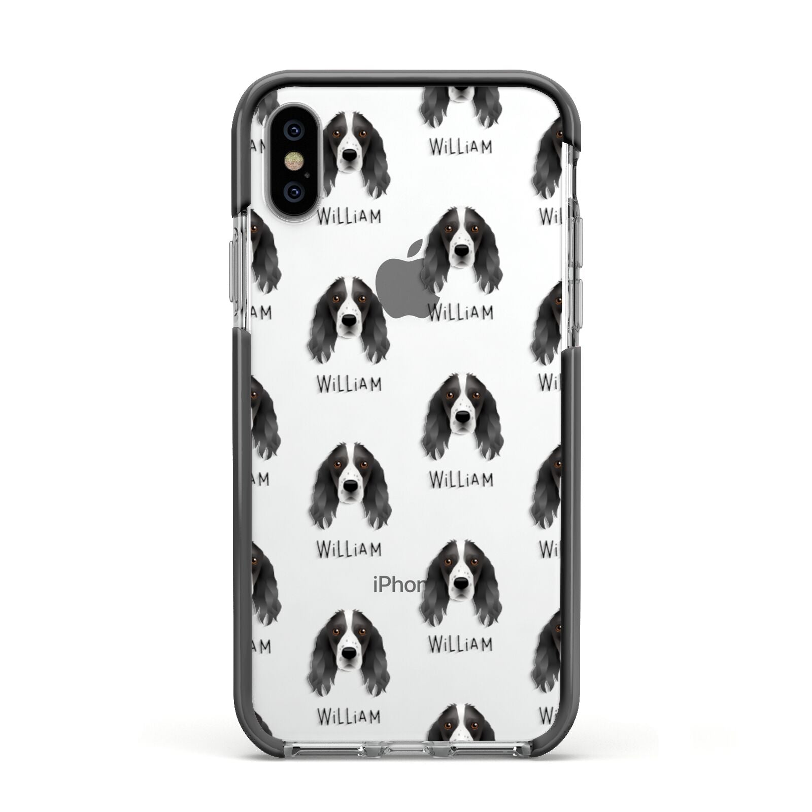 Springer Spaniel Icon with Name Apple iPhone Xs Impact Case Black Edge on Silver Phone