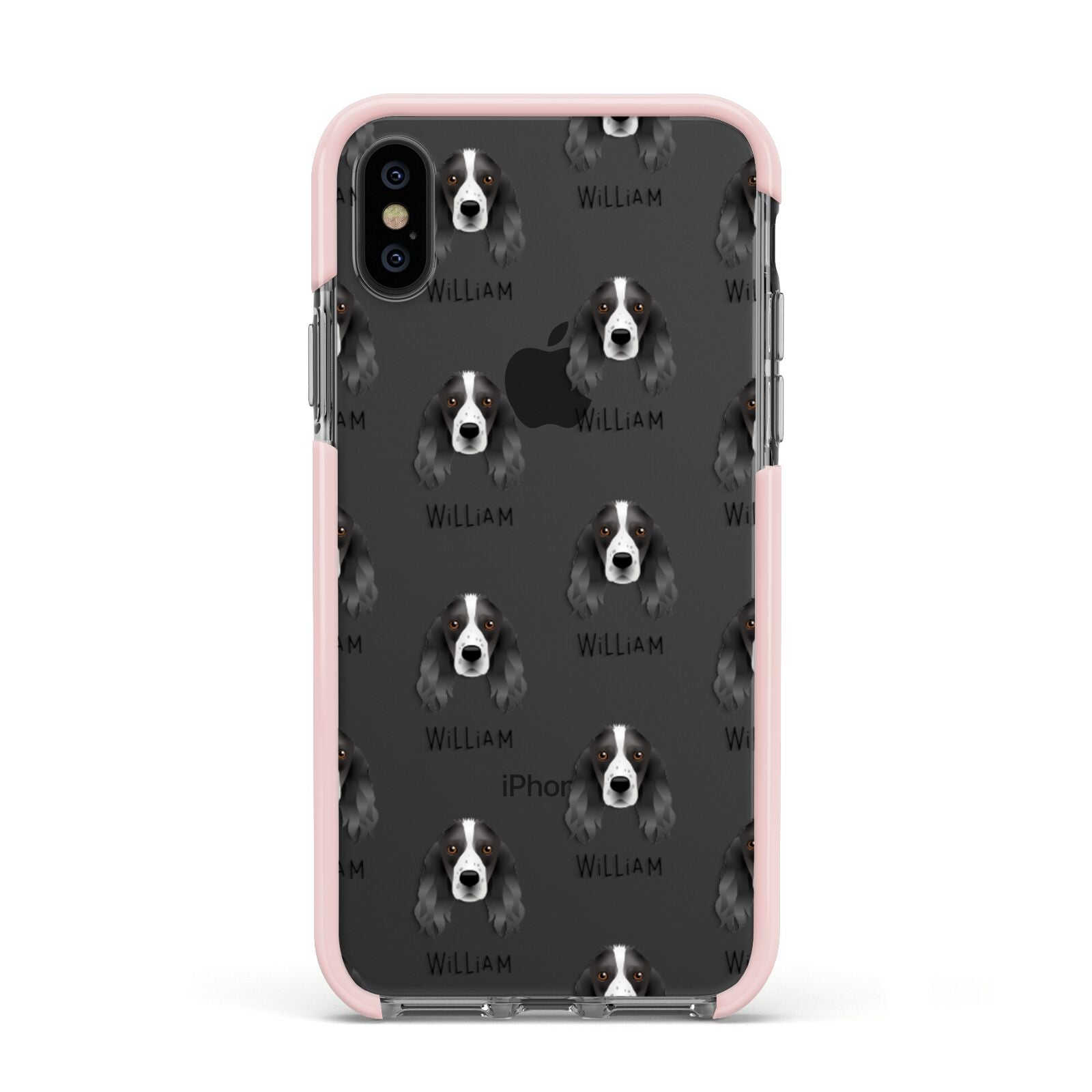 Springer Spaniel Icon with Name Apple iPhone Xs Impact Case Pink Edge on Black Phone