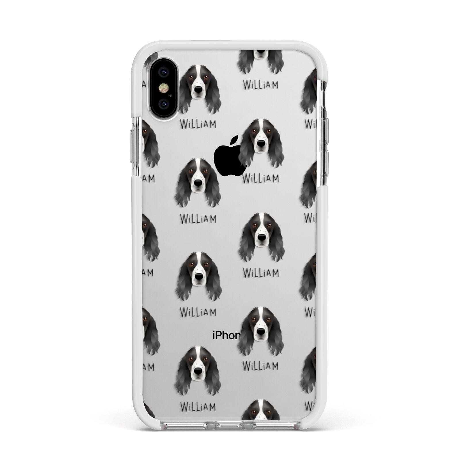 Springer Spaniel Icon with Name Apple iPhone Xs Max Impact Case White Edge on Silver Phone