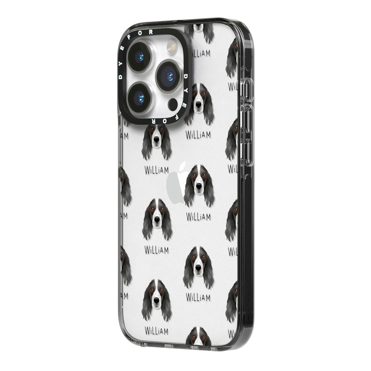 Springer Spaniel Icon with Name iPhone 14 Pro Black Impact Case Side Angle on Silver phone