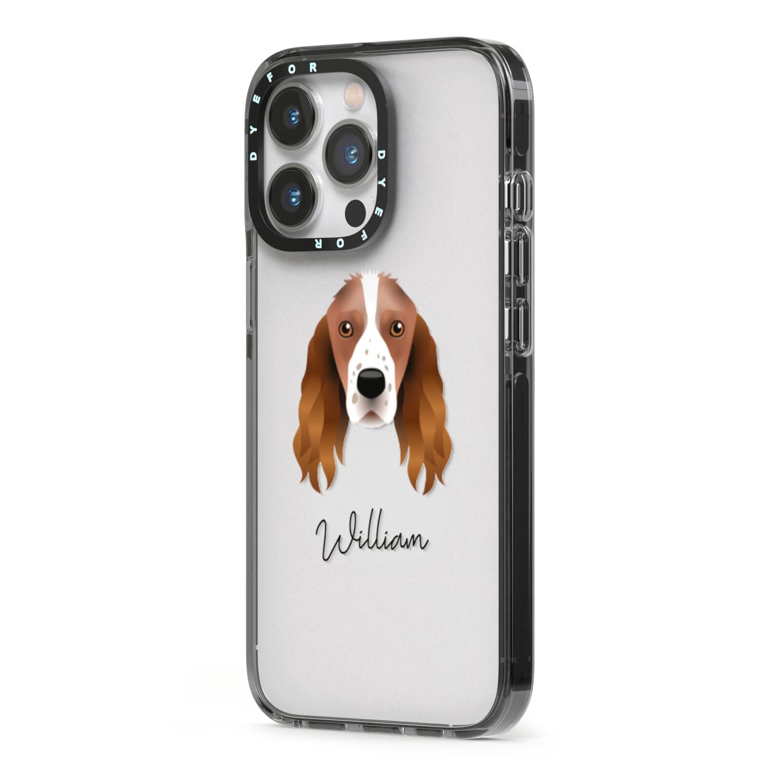 Springer Spaniel Personalised iPhone 13 Pro Black Impact Case Side Angle on Silver phone