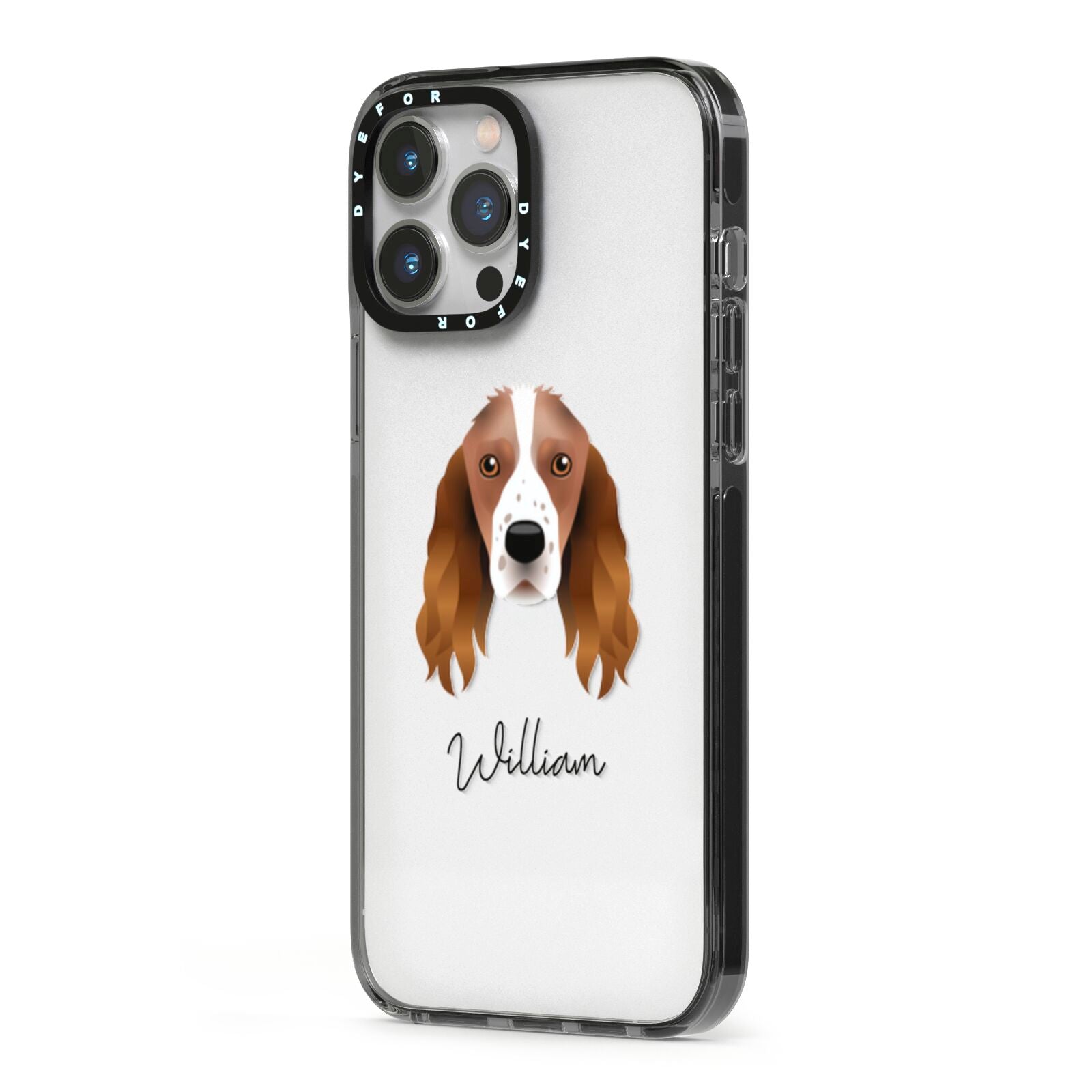 Springer Spaniel Personalised iPhone 13 Pro Max Black Impact Case Side Angle on Silver phone