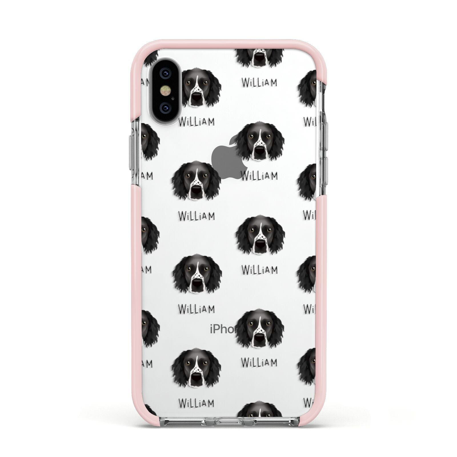 Sprocker Icon with Name Apple iPhone Xs Impact Case Pink Edge on Silver Phone