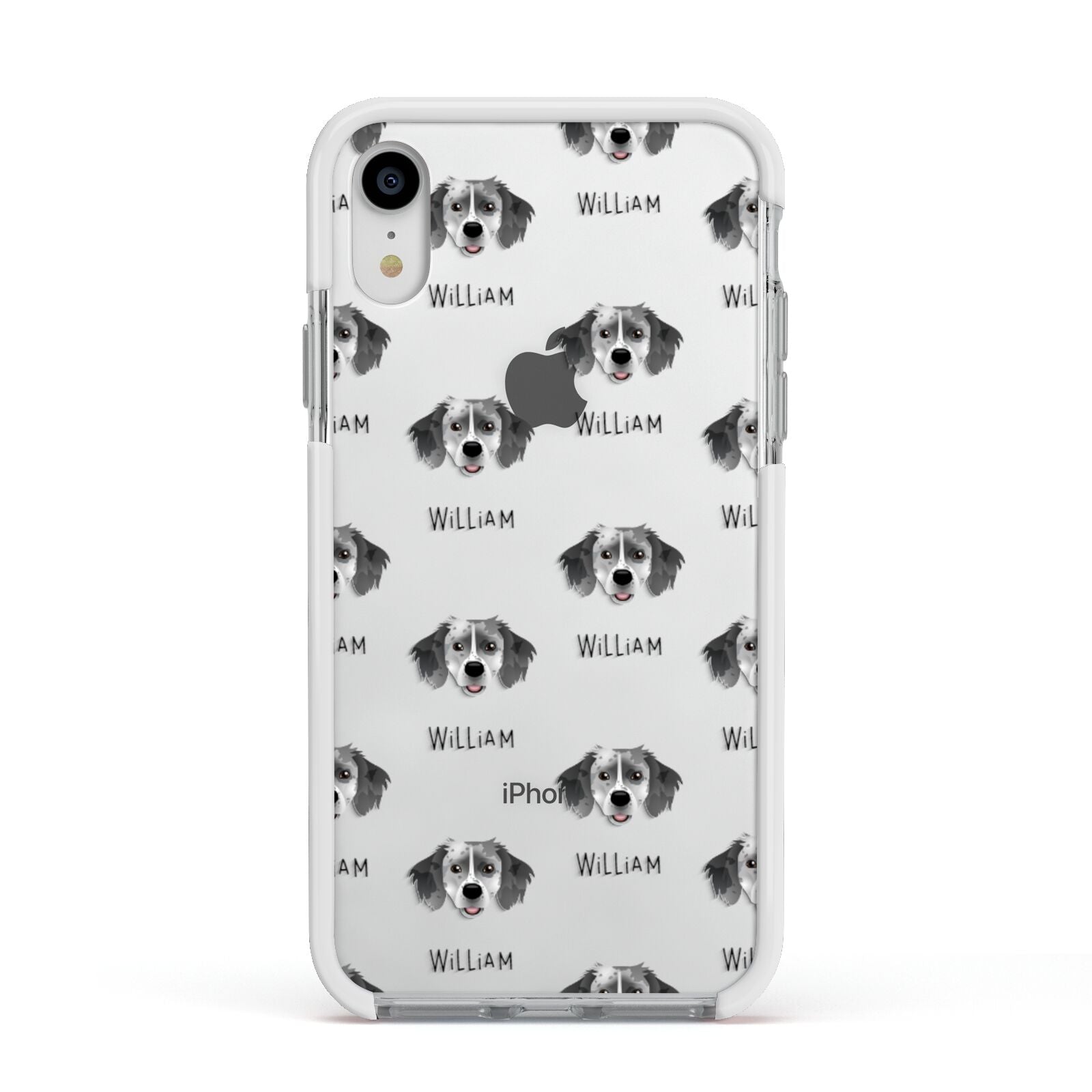 Sprollie Icon with Name Apple iPhone XR Impact Case White Edge on Silver Phone