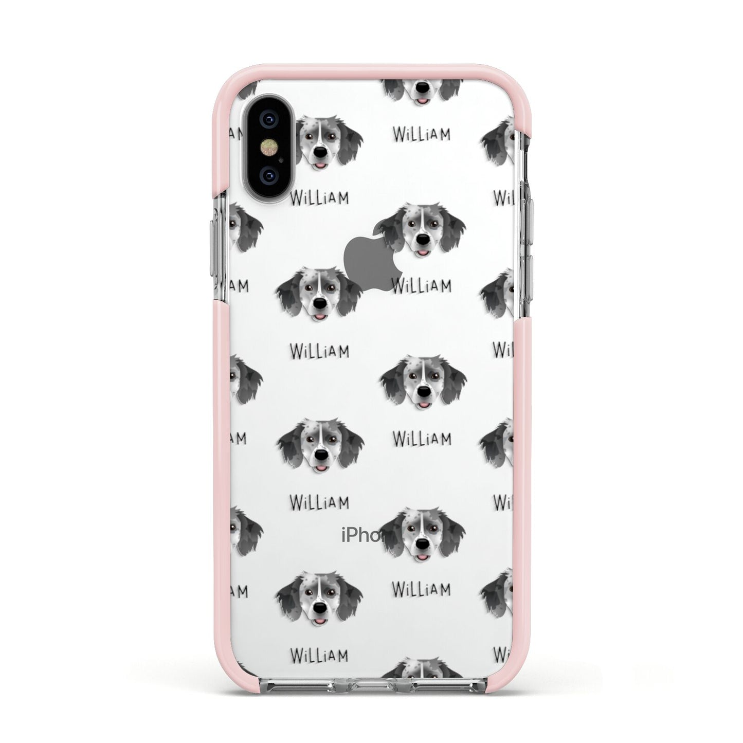 Sprollie Icon with Name Apple iPhone Xs Impact Case Pink Edge on Silver Phone