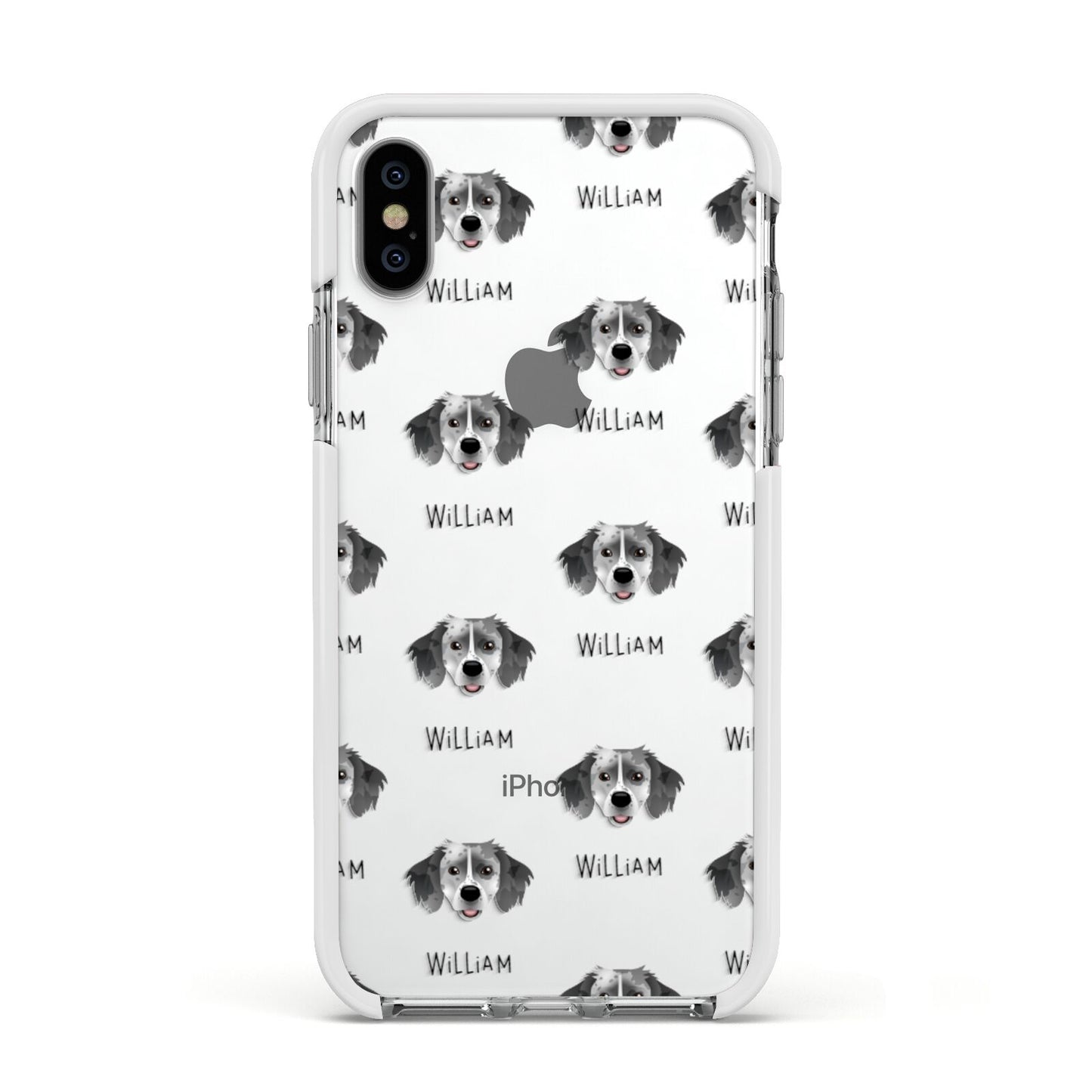 Sprollie Icon with Name Apple iPhone Xs Impact Case White Edge on Silver Phone