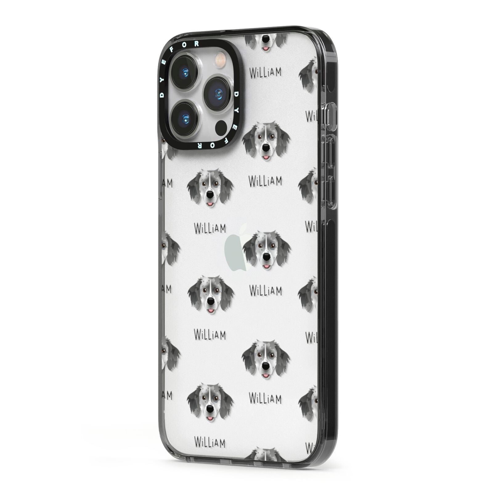 Sprollie Icon with Name iPhone 13 Pro Max Black Impact Case Side Angle on Silver phone