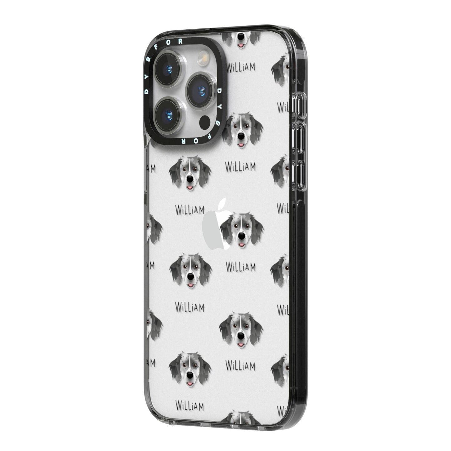 Sprollie Icon with Name iPhone 14 Pro Max Black Impact Case Side Angle on Silver phone