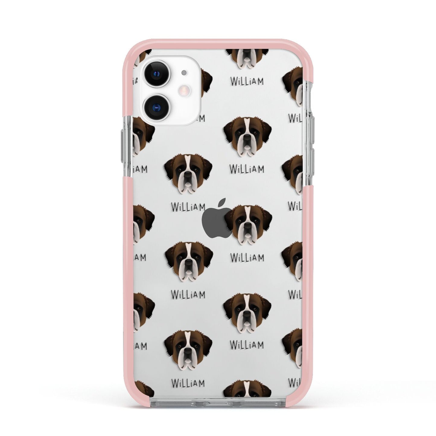 St Bernard Icon with Name Apple iPhone 11 in White with Pink Impact Case