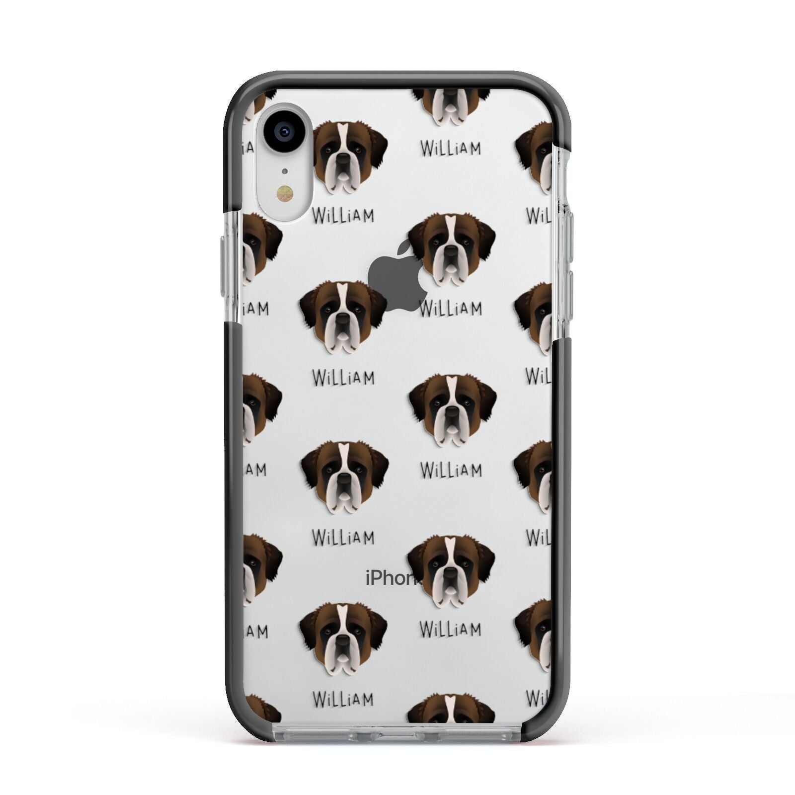 St Bernard Icon with Name Apple iPhone XR Impact Case Black Edge on Silver Phone