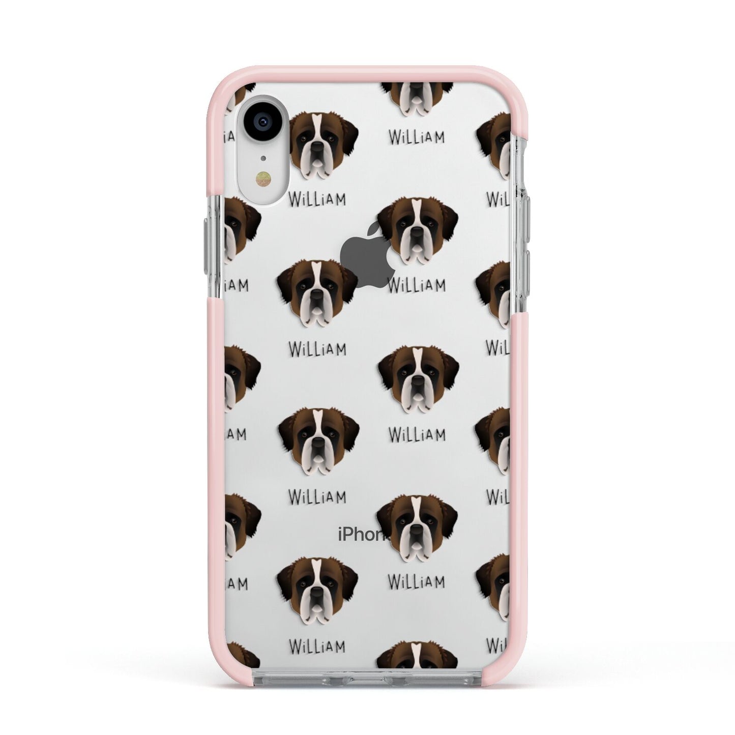 St Bernard Icon with Name Apple iPhone XR Impact Case Pink Edge on Silver Phone