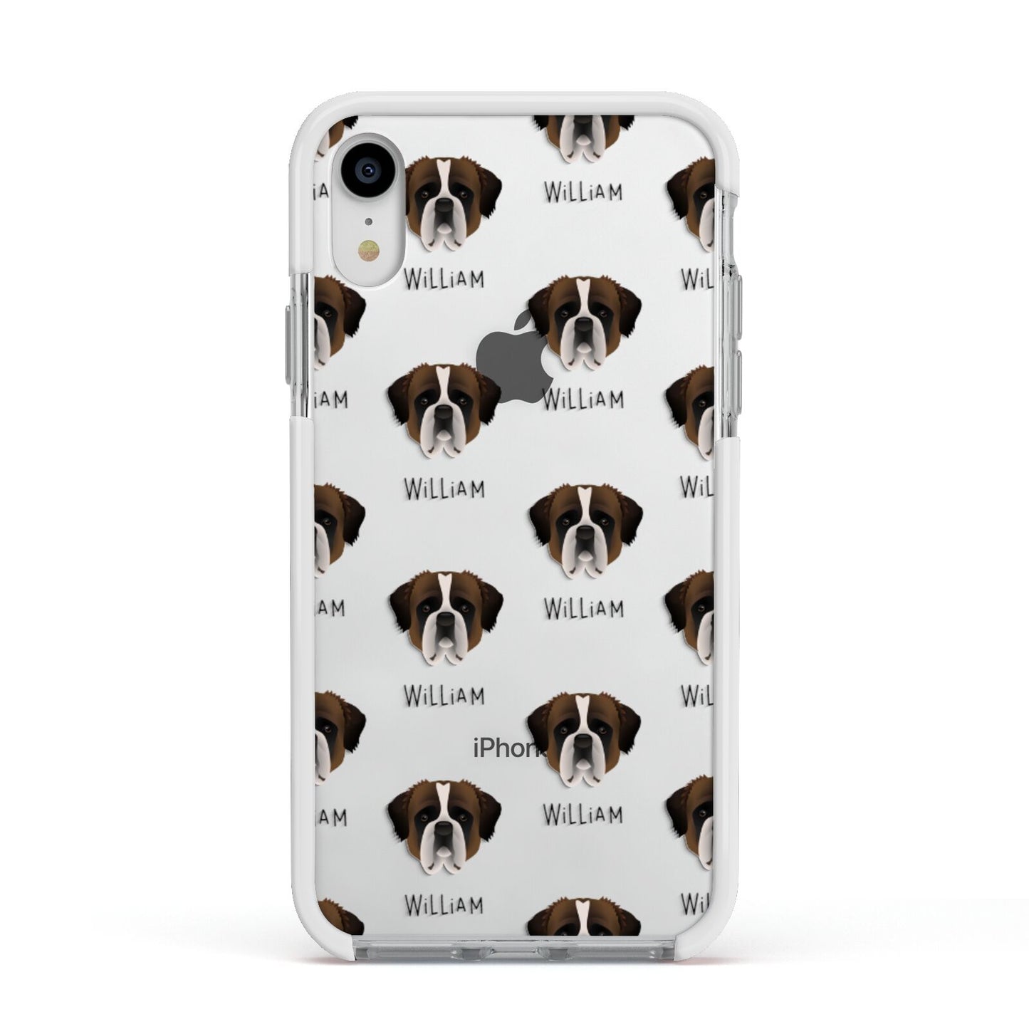 St Bernard Icon with Name Apple iPhone XR Impact Case White Edge on Silver Phone