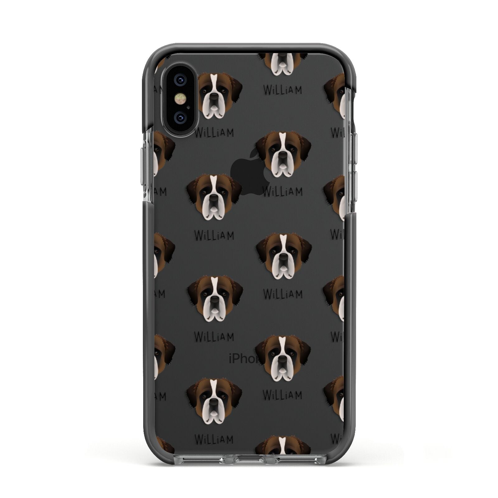 St Bernard Icon with Name Apple iPhone Xs Impact Case Black Edge on Black Phone