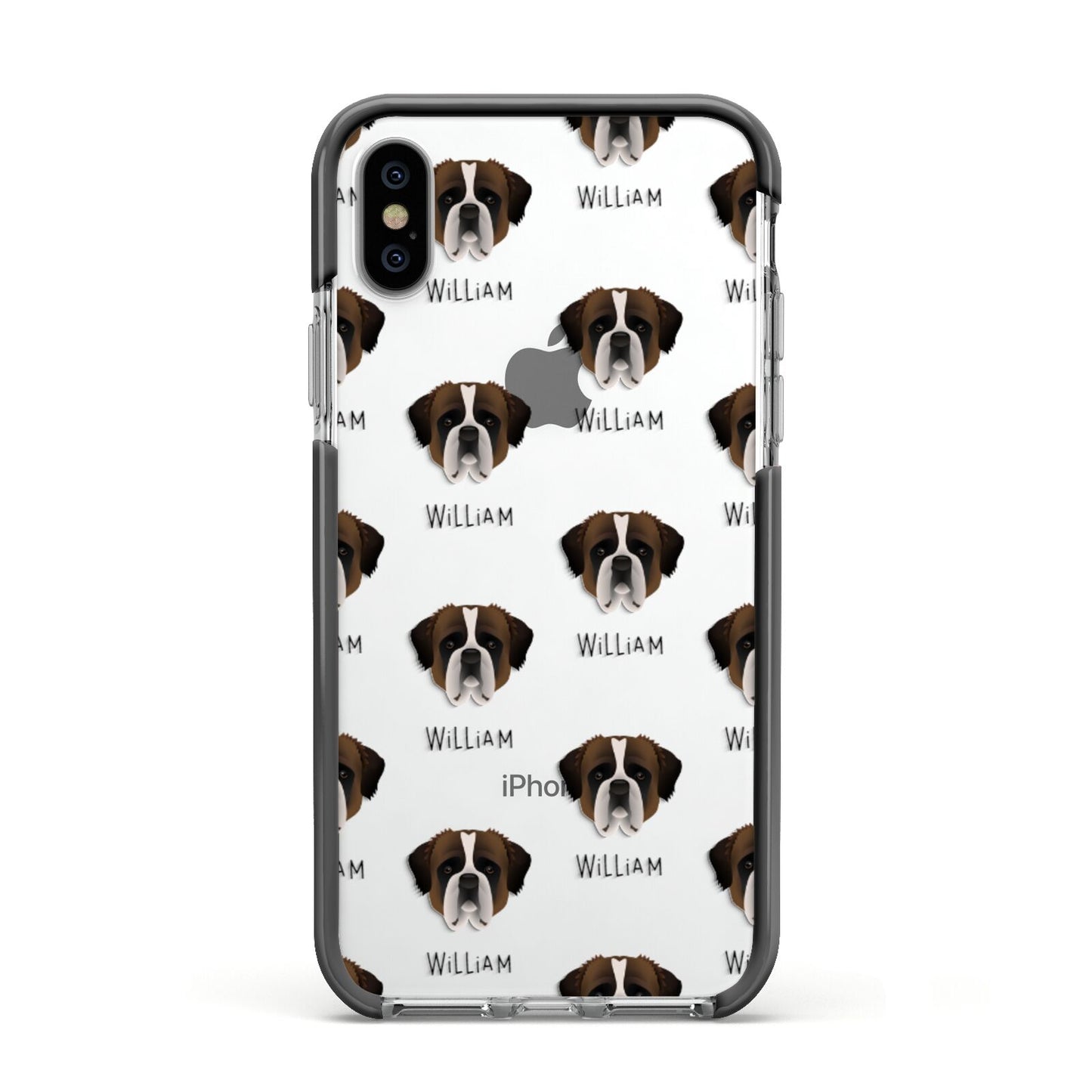 St Bernard Icon with Name Apple iPhone Xs Impact Case Black Edge on Silver Phone