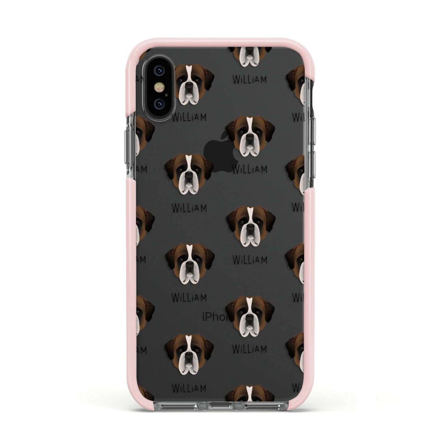 St Bernard Icon with Name Apple iPhone Xs Impact Case Pink Edge on Black Phone