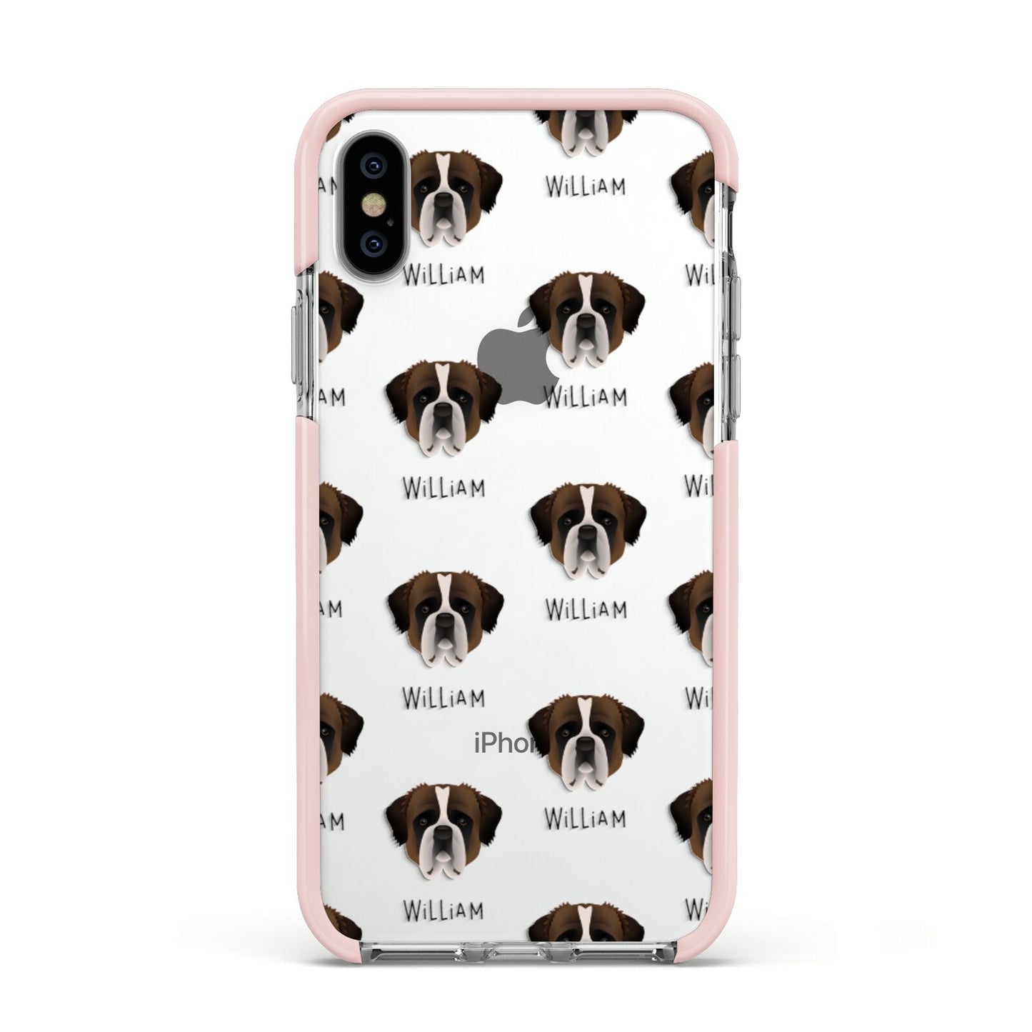 St Bernard Icon with Name Apple iPhone Xs Impact Case Pink Edge on Silver Phone