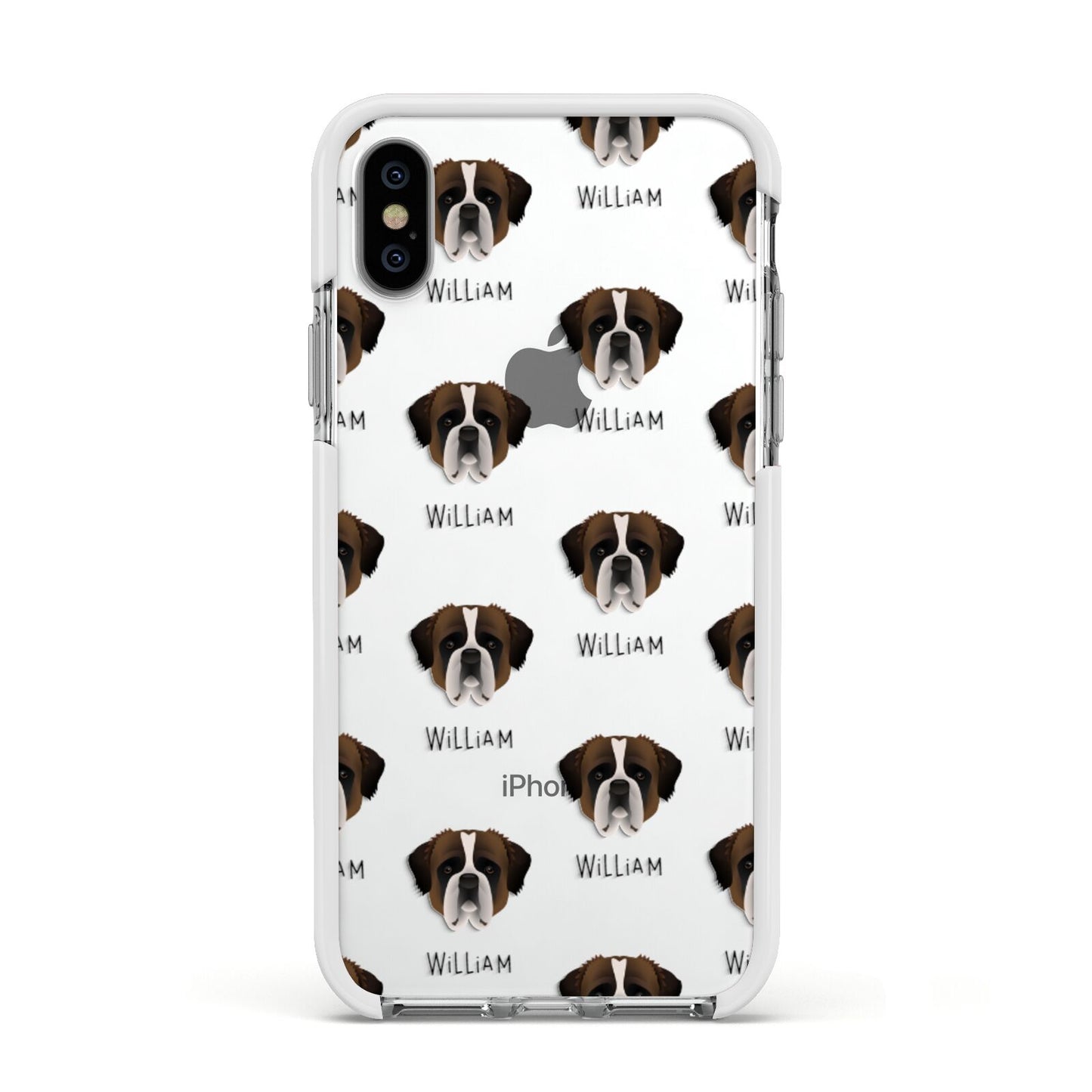 St Bernard Icon with Name Apple iPhone Xs Impact Case White Edge on Silver Phone