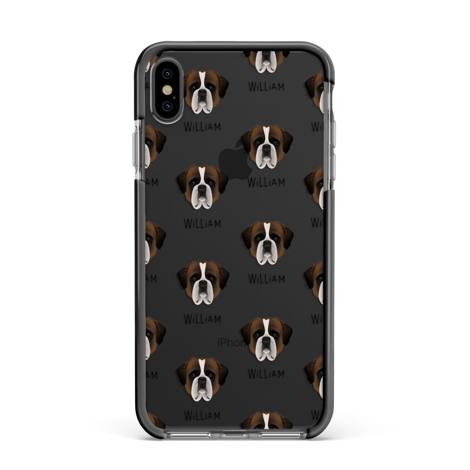 St Bernard Icon with Name Apple iPhone Xs Max Impact Case Black Edge on Black Phone