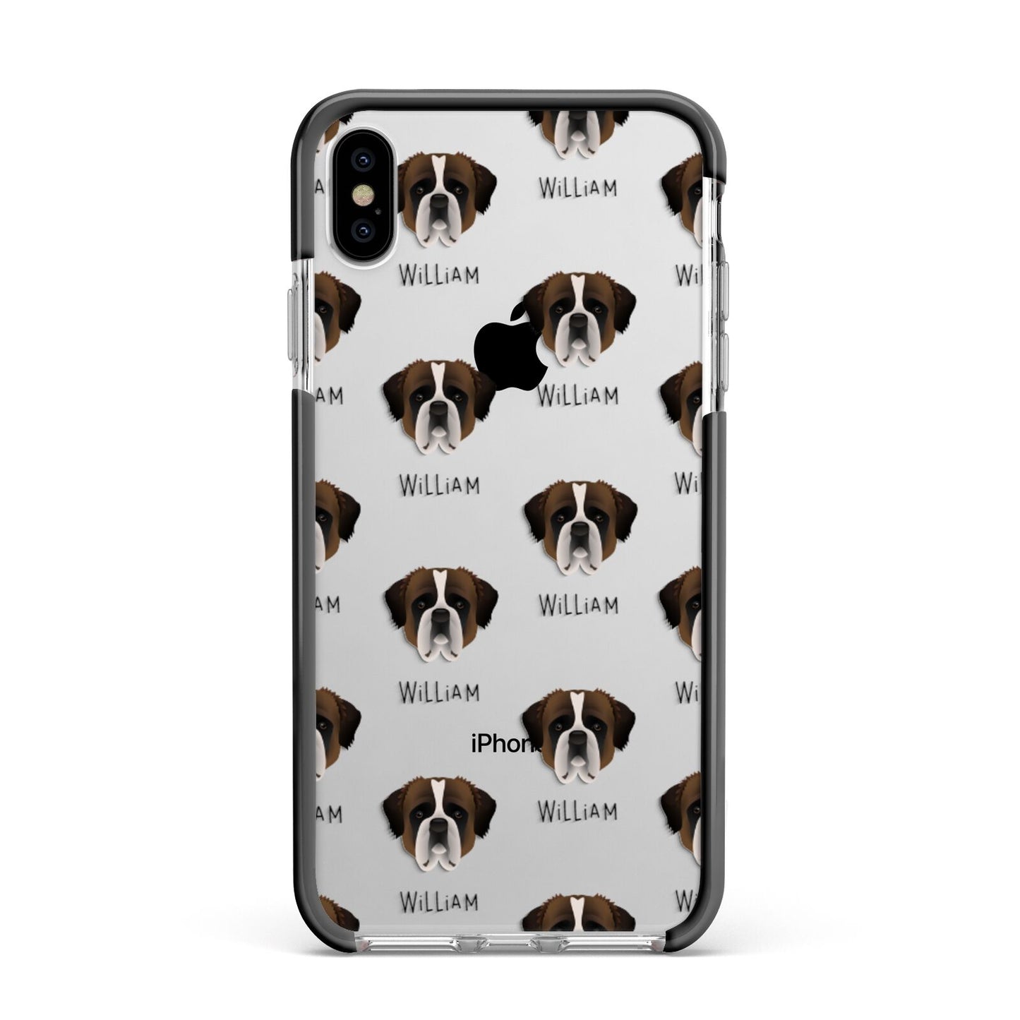 St Bernard Icon with Name Apple iPhone Xs Max Impact Case Black Edge on Silver Phone