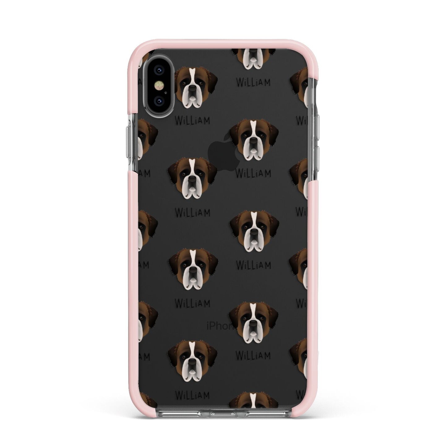 St Bernard Icon with Name Apple iPhone Xs Max Impact Case Pink Edge on Black Phone