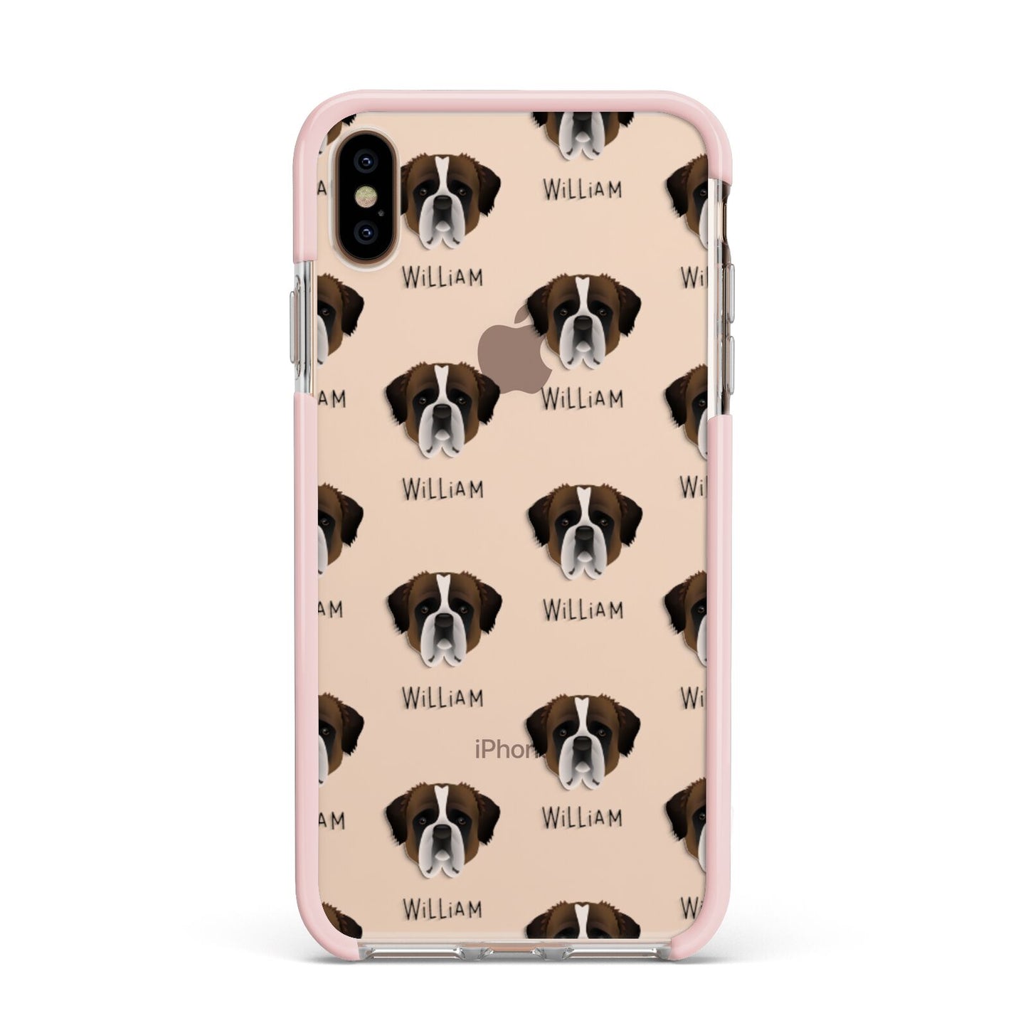 St Bernard Icon with Name Apple iPhone Xs Max Impact Case Pink Edge on Gold Phone