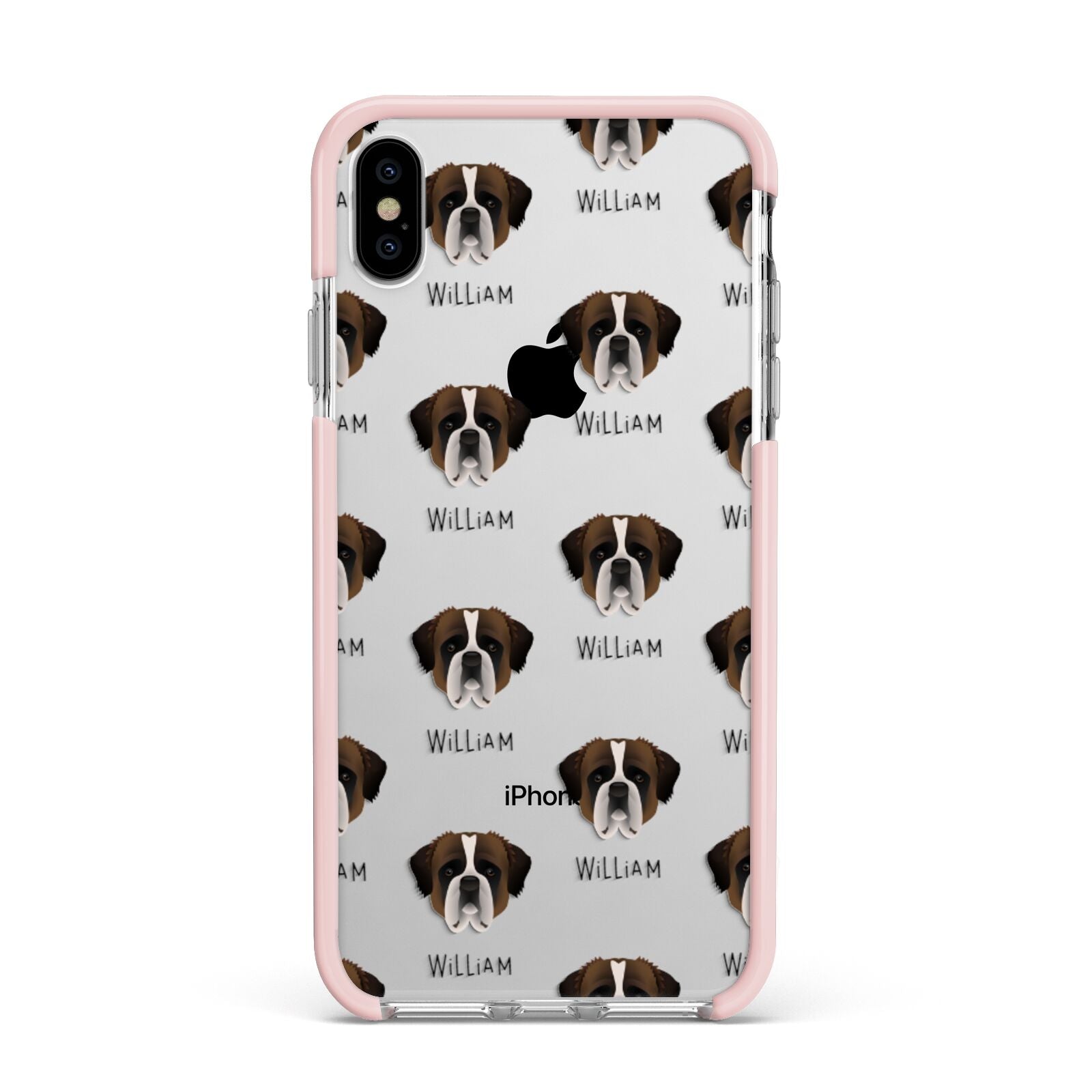 St Bernard Icon with Name Apple iPhone Xs Max Impact Case Pink Edge on Silver Phone