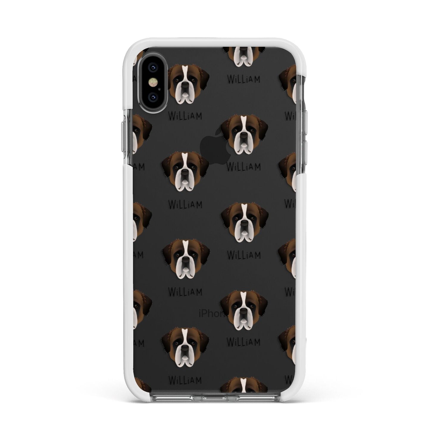 St Bernard Icon with Name Apple iPhone Xs Max Impact Case White Edge on Black Phone