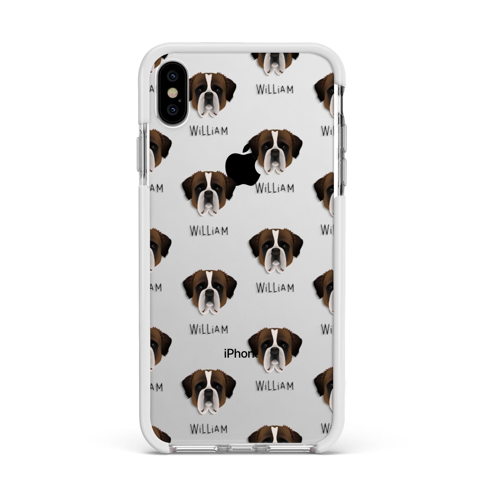 St Bernard Icon with Name Apple iPhone Xs Max Impact Case White Edge on Silver Phone
