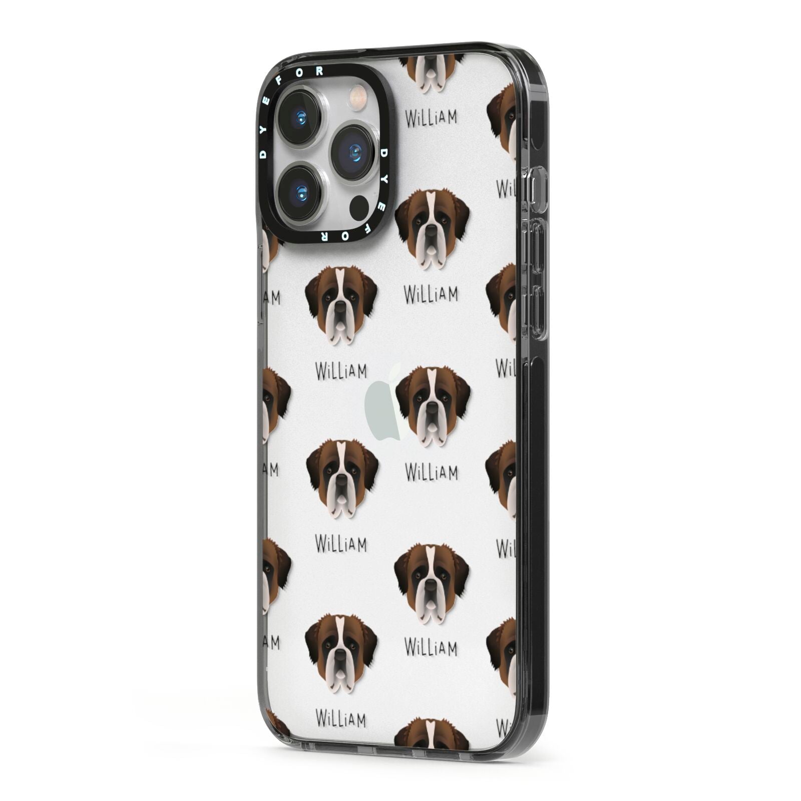 St Bernard Icon with Name iPhone 13 Pro Max Black Impact Case Side Angle on Silver phone
