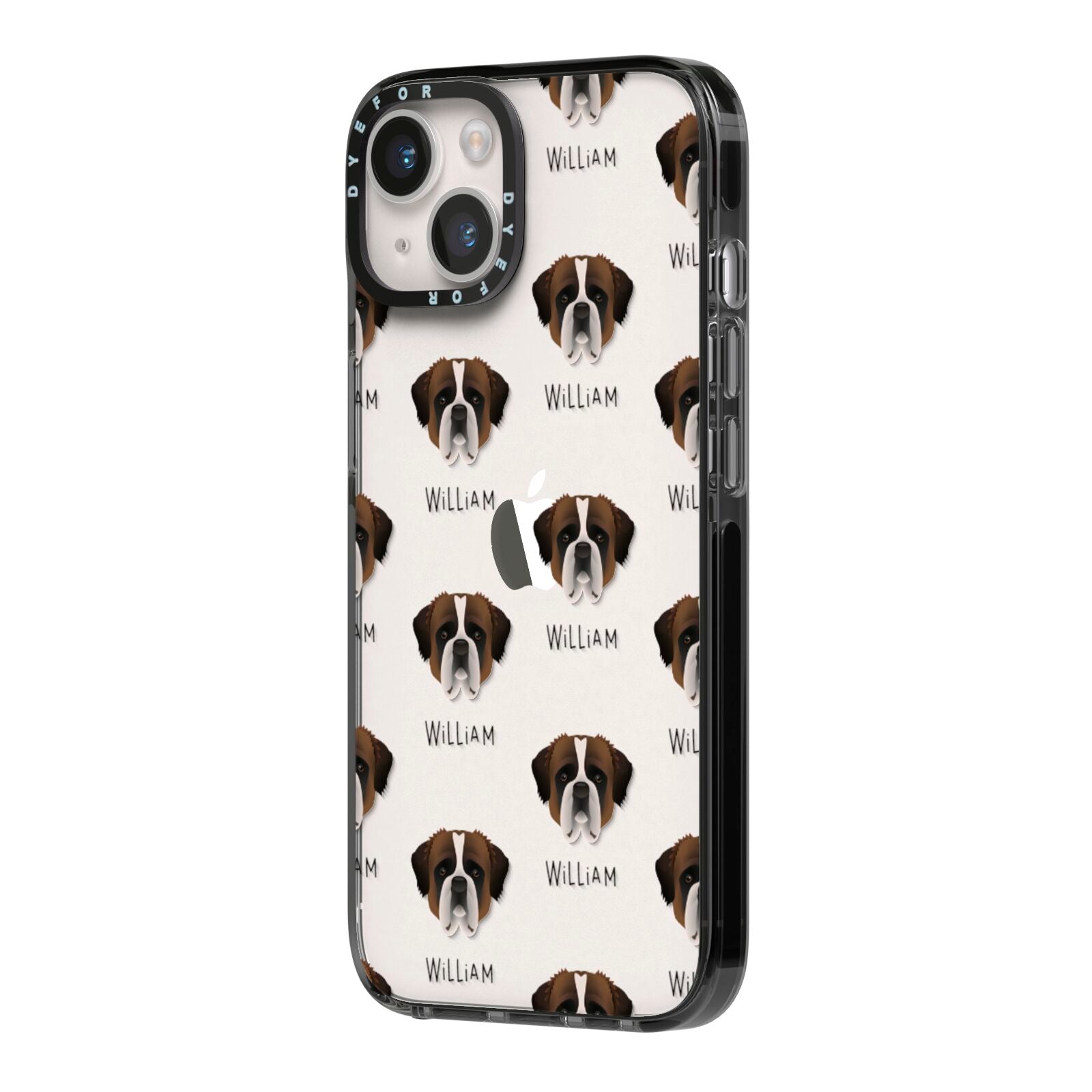 St Bernard Icon with Name iPhone 14 Black Impact Case Side Angle on Silver phone