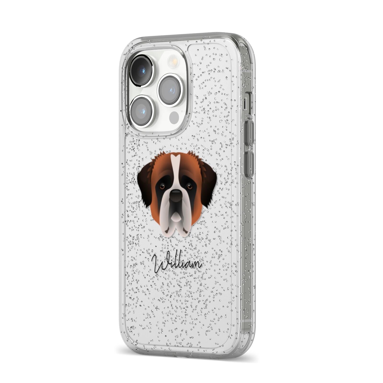St Bernard Personalised iPhone 14 Pro Glitter Tough Case Silver Angled Image