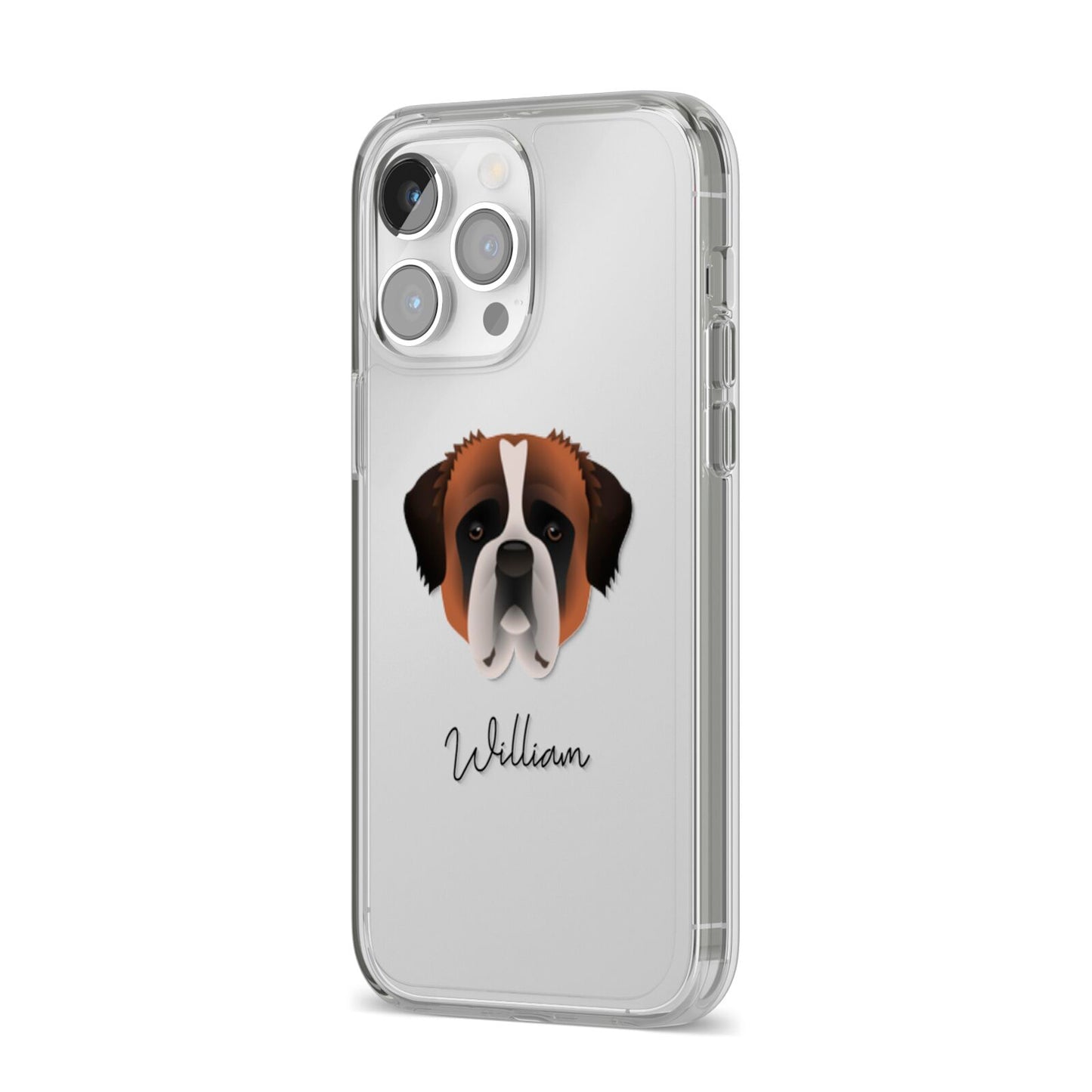 St Bernard Personalised iPhone 14 Pro Max Clear Tough Case Silver Angled Image