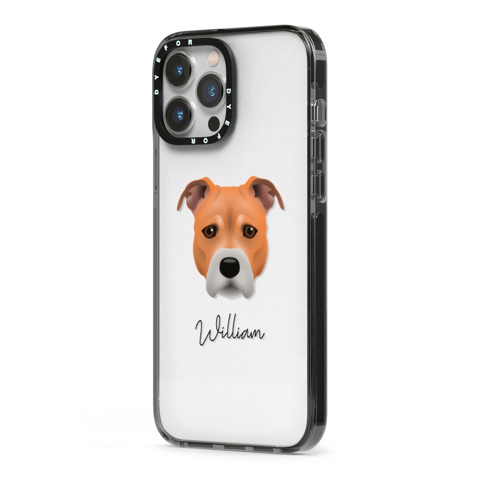 Staffordshire Bull Terrier Personalised iPhone 13 Pro Max Black Impact Case Side Angle on Silver phone