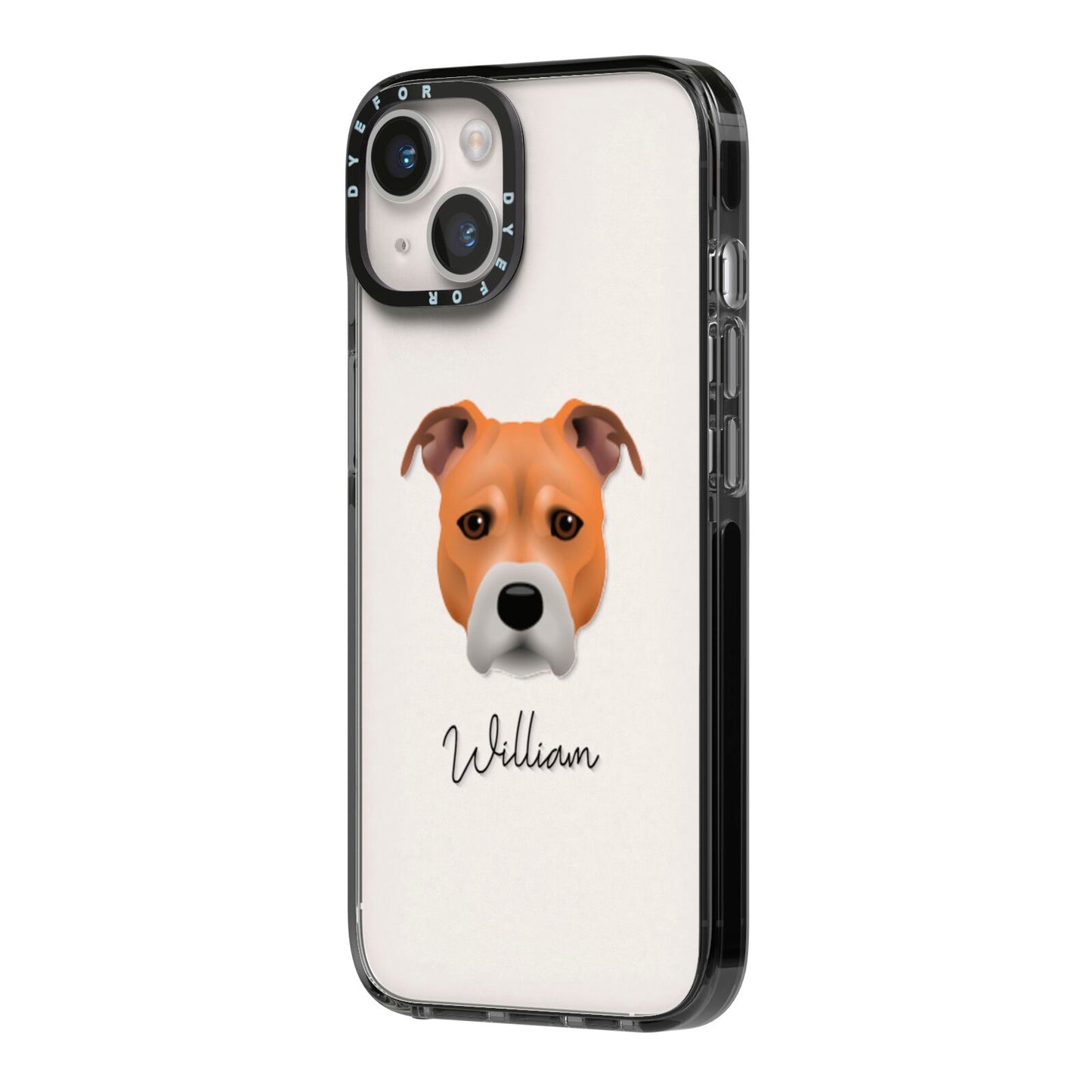 Staffordshire Bull Terrier Personalised iPhone 14 Black Impact Case Side Angle on Silver phone