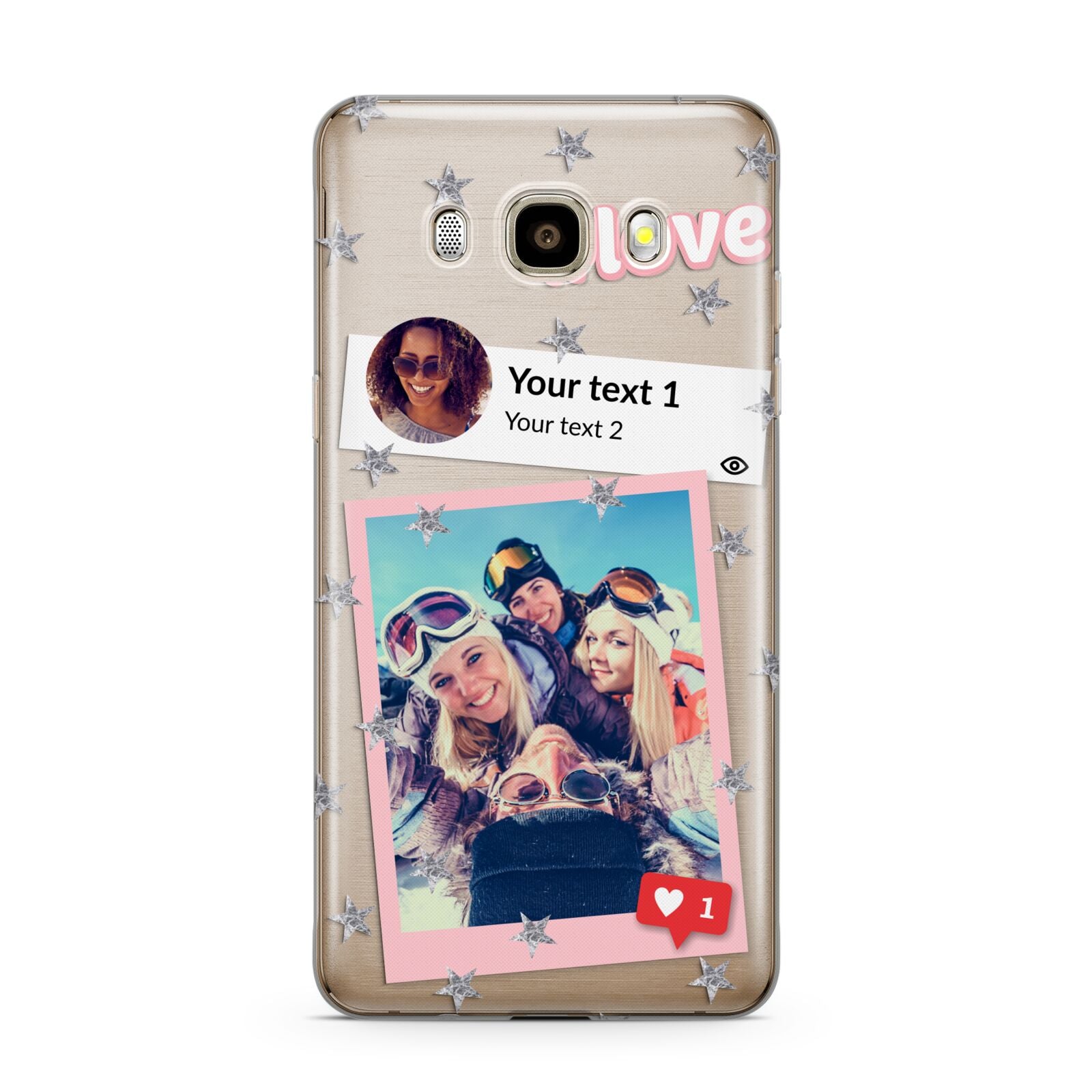 Starry Social Media Photo Montage Upload with Text Samsung Galaxy J7 2016 Case on gold phone