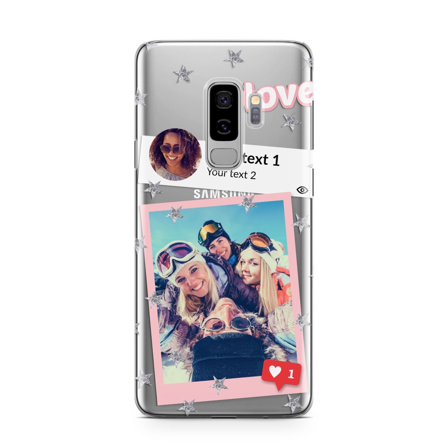 Starry Social Media Photo Montage Upload with Text Samsung Galaxy S9 Plus Case on Silver phone