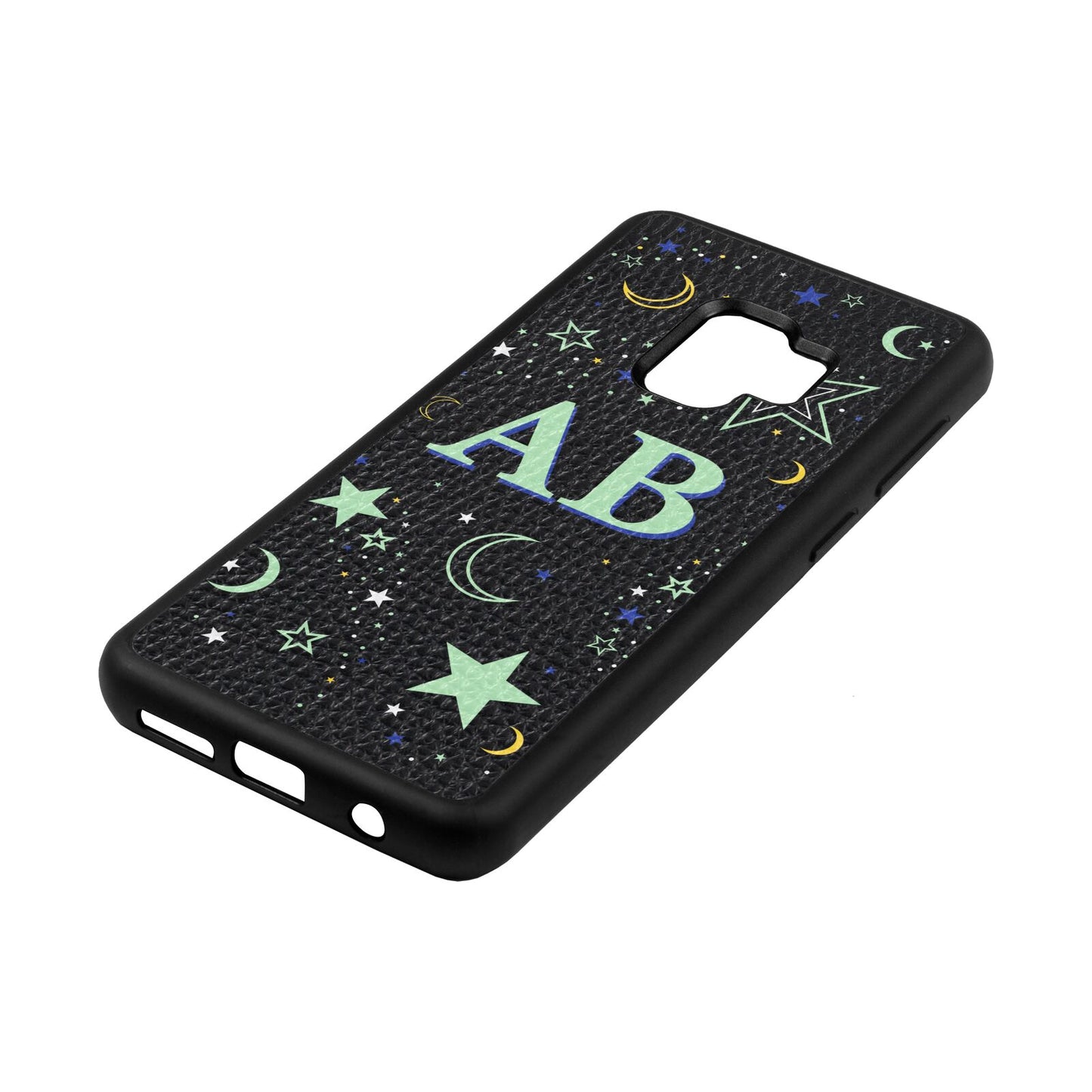 Stars and Moon Personalised Black Pebble Leather Samsung S9 Case Side Angle