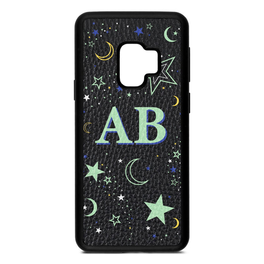 Stars and Moon Personalised Black Pebble Leather Samsung S9 Case