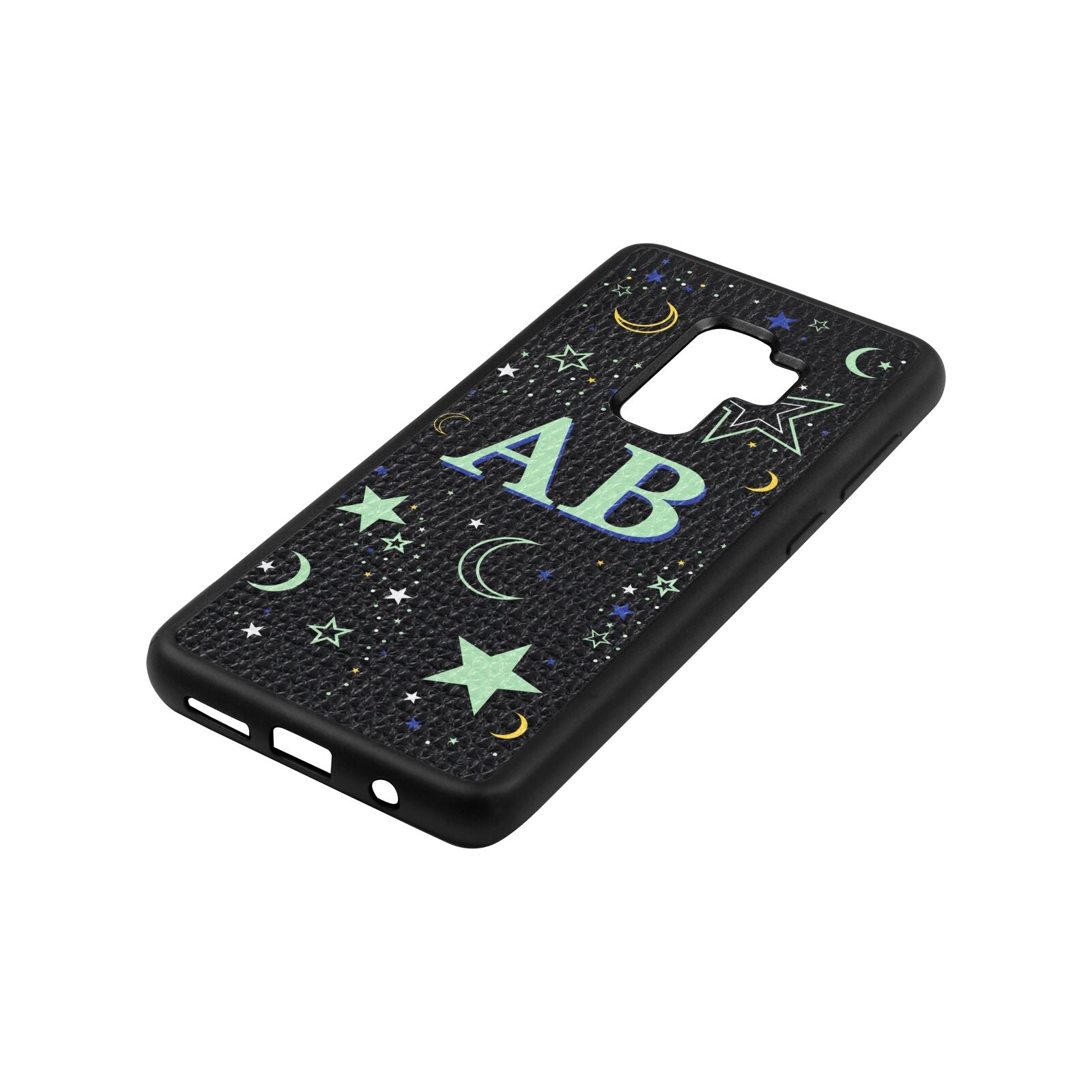 Stars and Moon Personalised Black Pebble Leather Samsung S9 Plus Case Side Angle