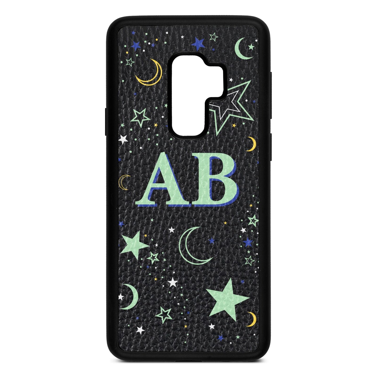 Stars and Moon Personalised Black Pebble Leather Samsung S9 Plus Case